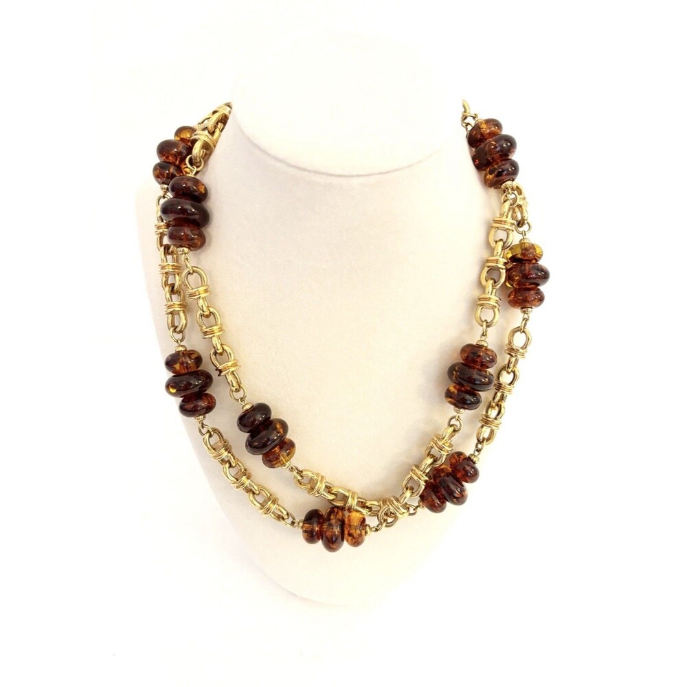 Vintage St John Gold Tone Necklace with Faux Amber Beads 38”